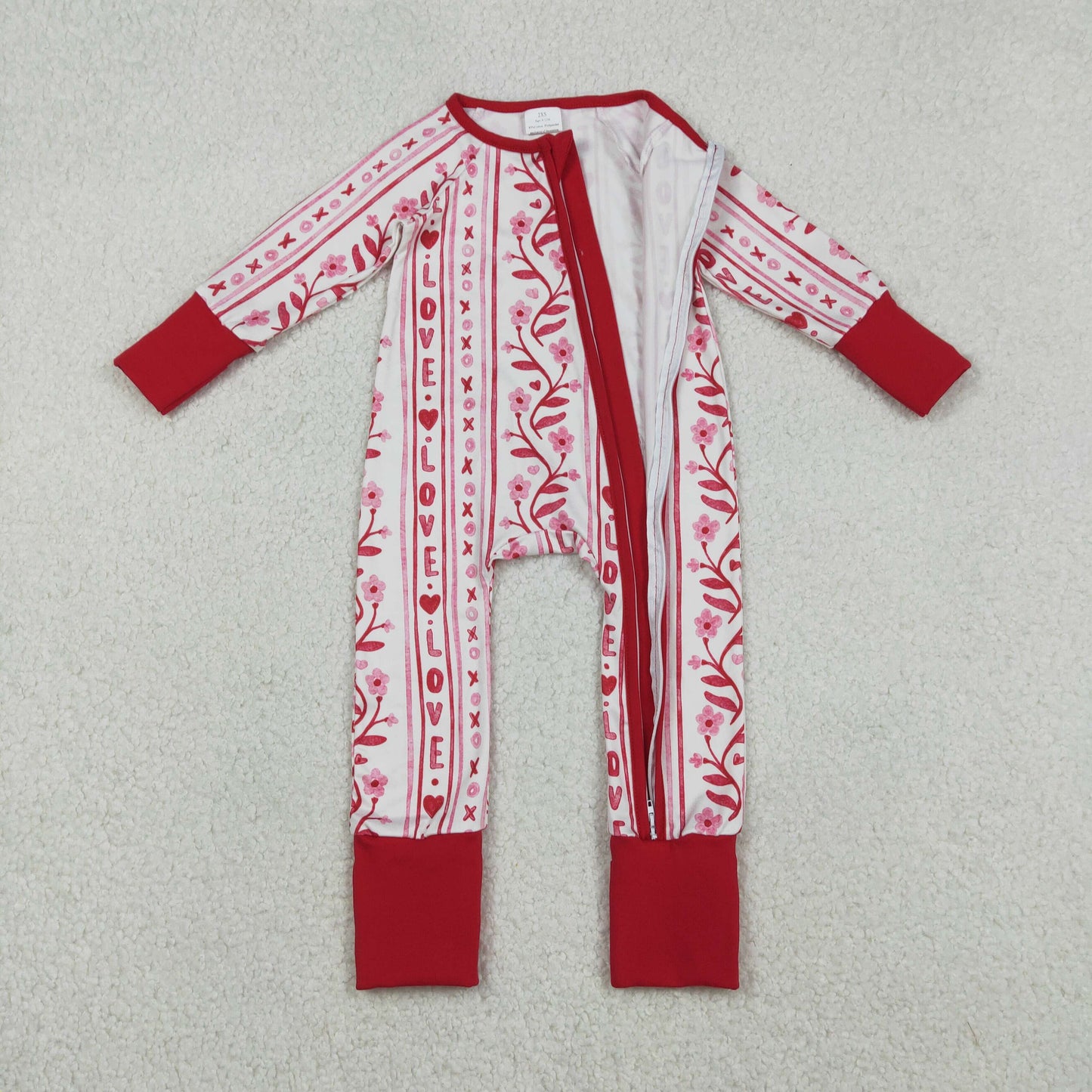LR2884 Valentine's Day Love Heart Flowers Red Zipper Long Sleeve Girls Romper