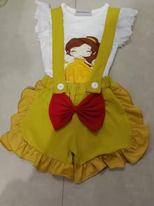custom S cartoon baby girl flutter sleeve yellow overall shorts girls set