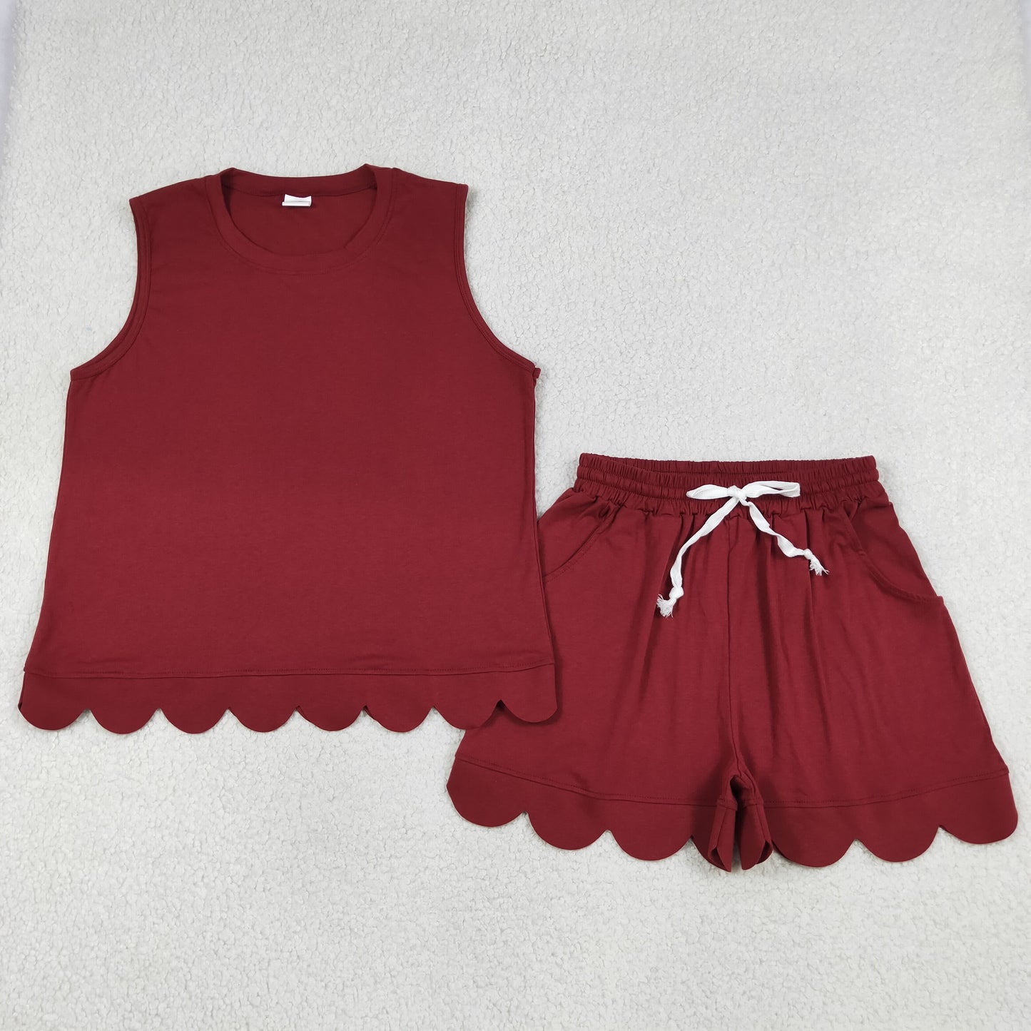 GSSO3735 Scallop Maroon Short Sleeve Shorts Adult Women Set