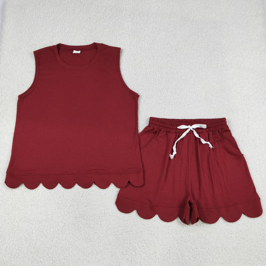 GSSO3735 Scallop Maroon Short Sleeve Shorts Adult Women Set