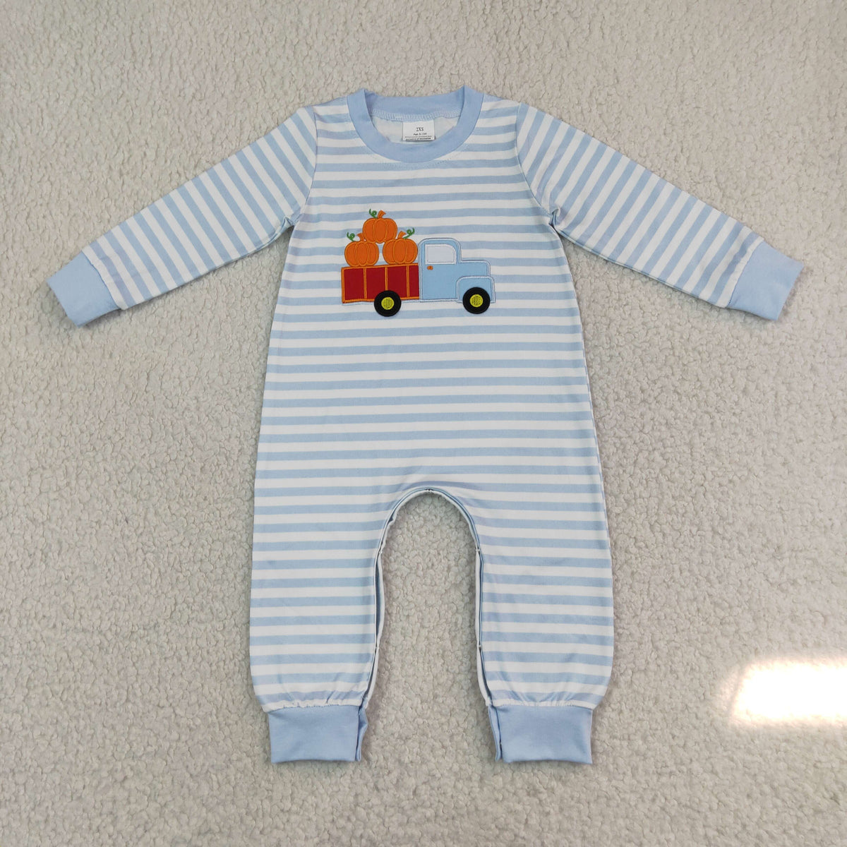 Embroidery LR1023 Autumn full pumpkin truck blue striped long sleeve boys romper