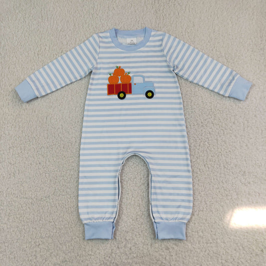 Embroidery LR1023 Autumn full pumpkin truck blue striped long sleeve boys romper