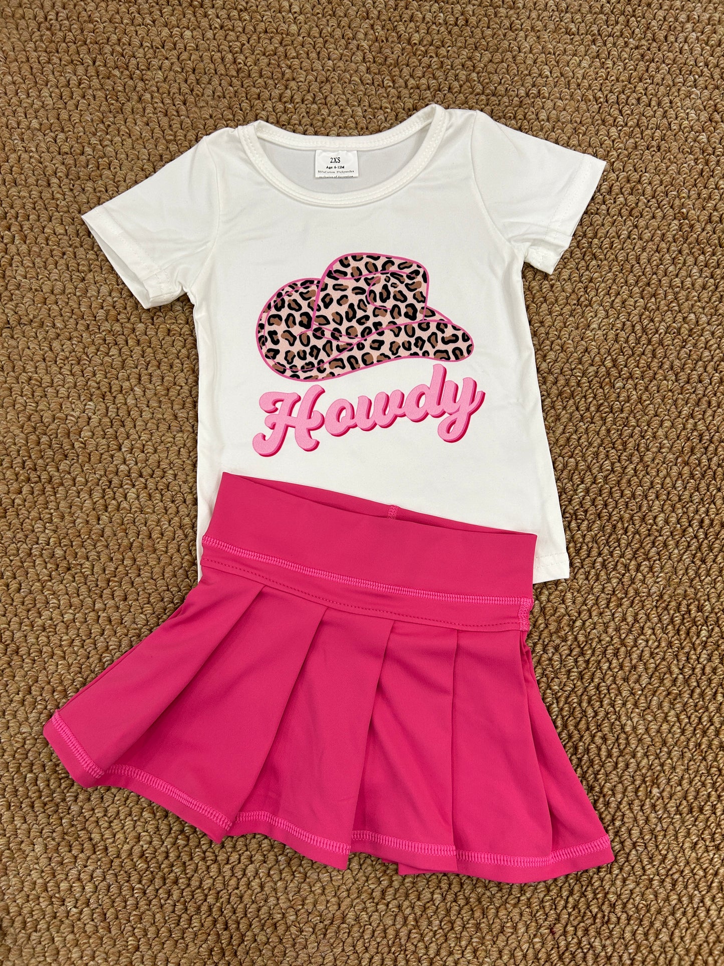 Western howdy hat short sleeve yoga hot pink skirt skort girls set