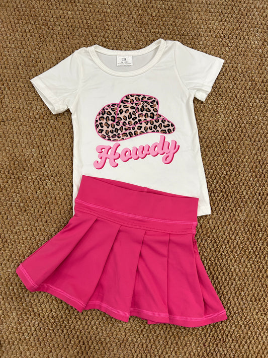 Western howdy hat short sleeve yoga hot pink skirt skort girls set