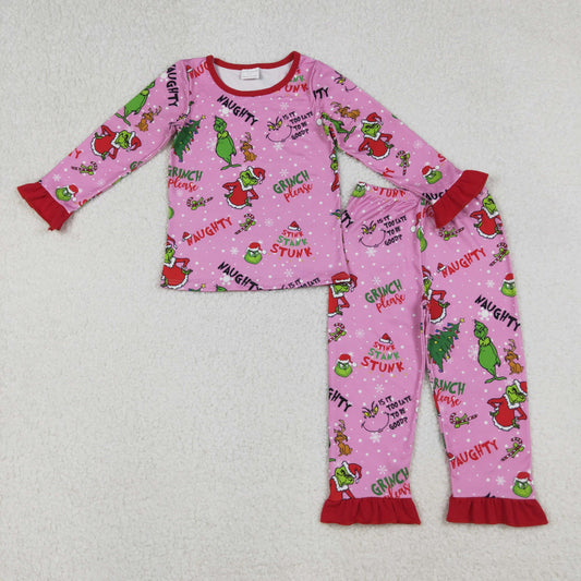 GLP2710 Christmas green face tree hot pink long sleeve pants girls pajamas