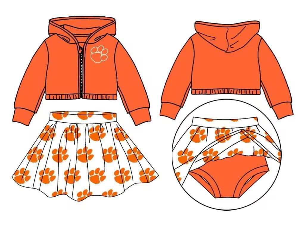 custom football paw orange hooded coat skirt girls set