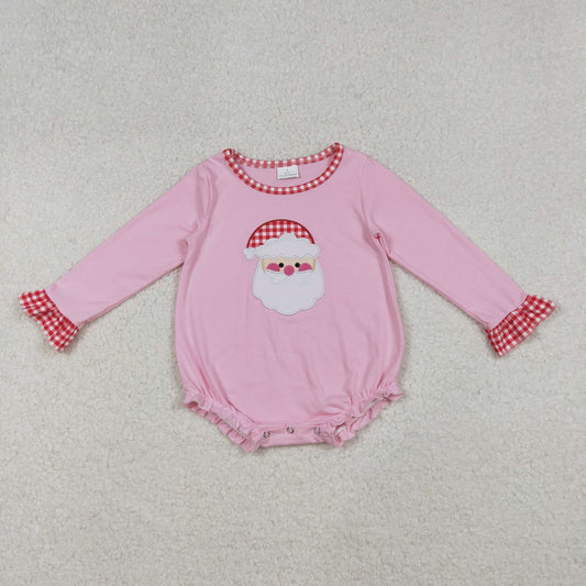 embroidery LR1733 Christmas Santa pink long sleeve girls romper
