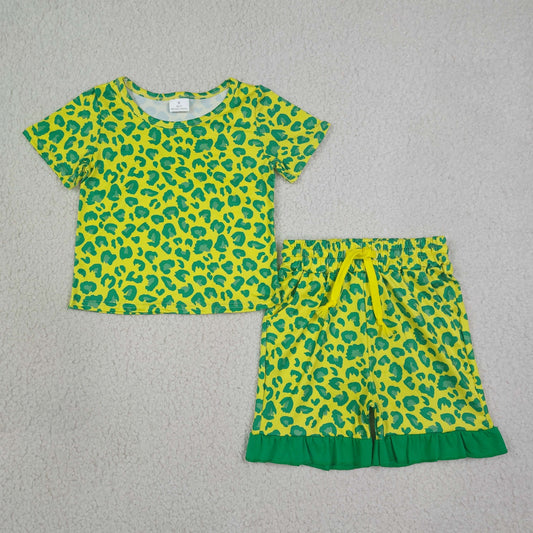 GSSO3812 Leopard Green Short Sleeve Shorts Girls Set