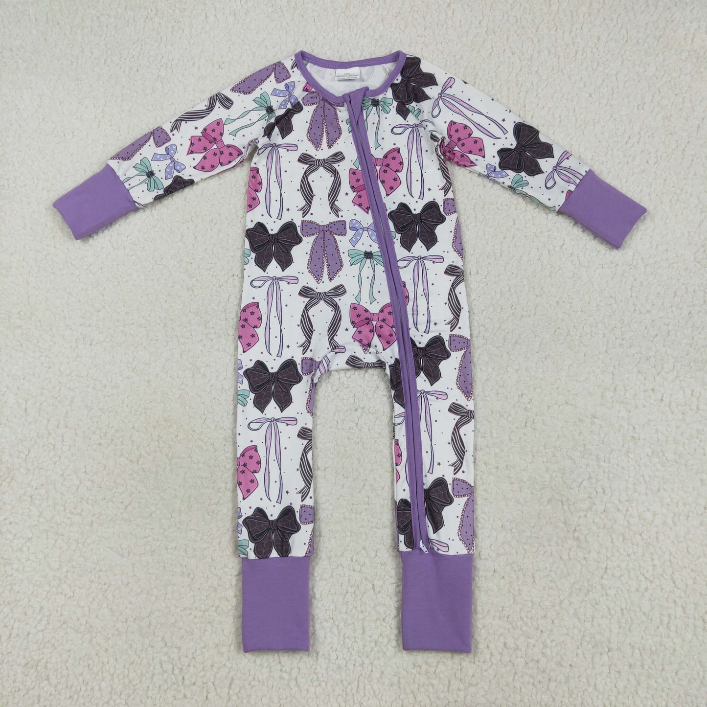 Custom moq 20 bamboo Halloween bows black purple long sleeve zipper girls romper