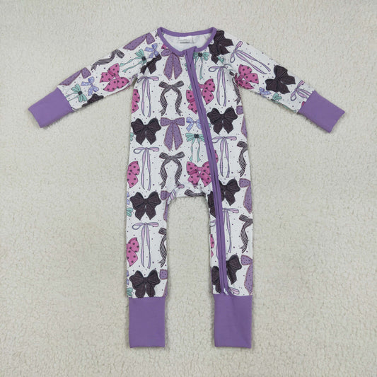 Custom moq 20 bamboo Halloween bows black purple long sleeve zipper girls romper