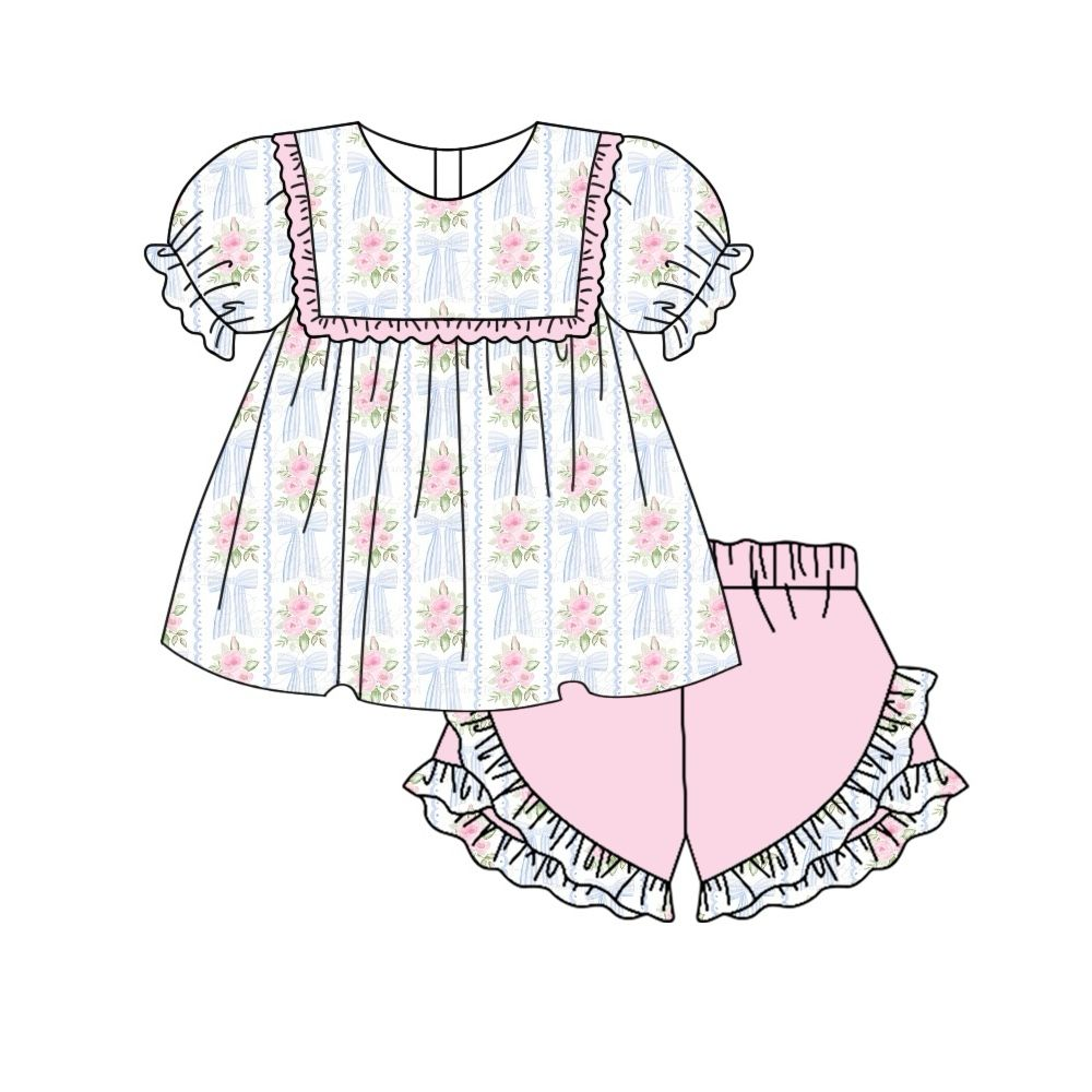 preorder GSSO1524 pink flowers bows short sleeve pink ruffles shorts girls set