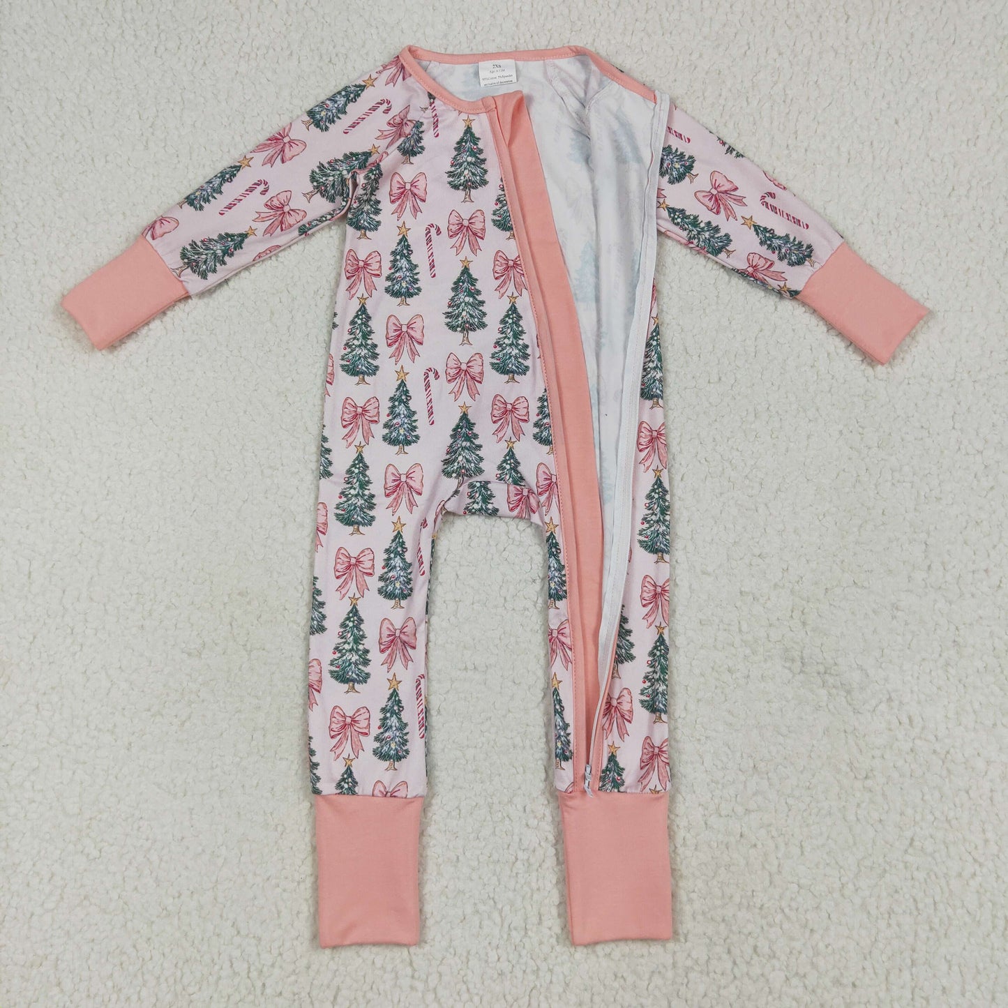 Custom moq 20 bamboo Christmas tree pink bows zipper long sleeve girls romper