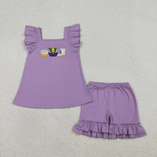 Embroidery GSSO2828 Mardi Gras Mask Boots Cake Purple Flutter sleeve Shorts Girls Set