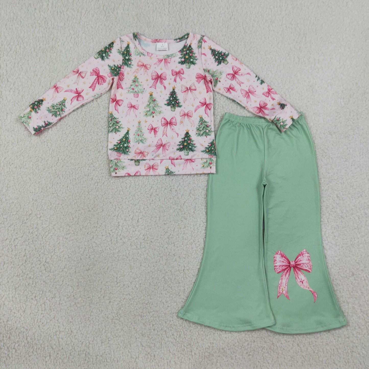 GLP3539 Christmas Tree Bows Long Sleeve Green Pants Girls Set
