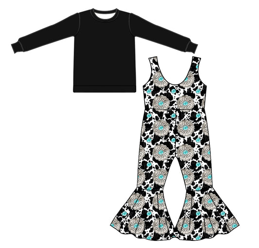 custom moq 3 black long sleeve cow print gem jumpsuits girls set