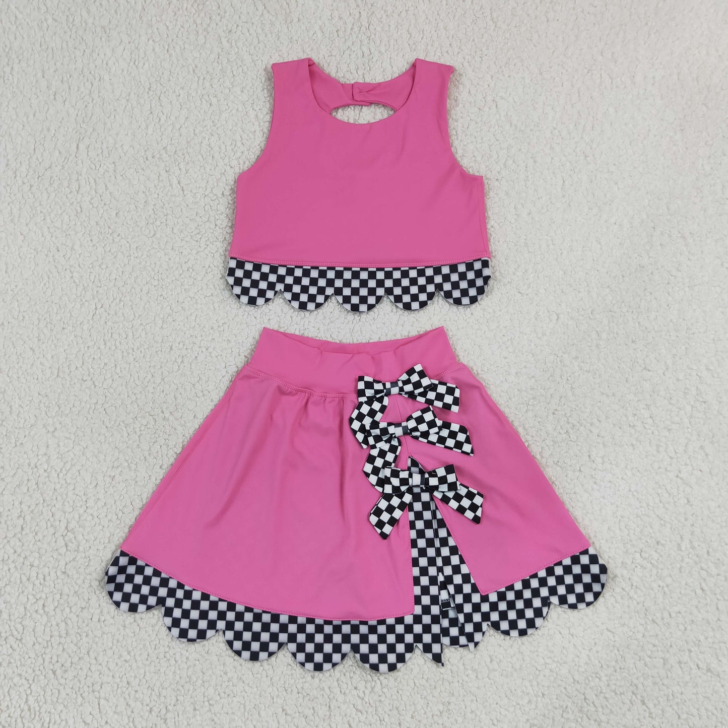GSD3926 Yoga Scallop Hot Pink Sleeveless Skorts Bows Girls Set