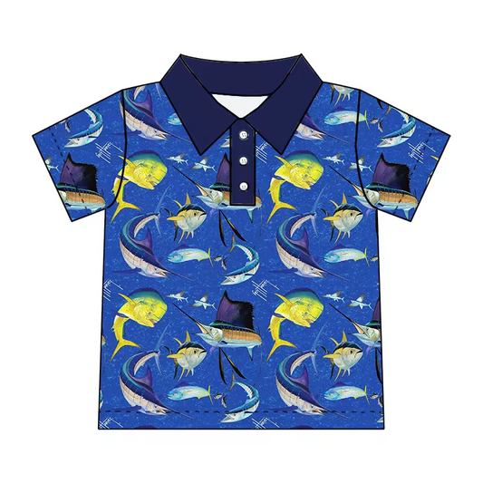 custom style whale fish blue short sleeve boys top