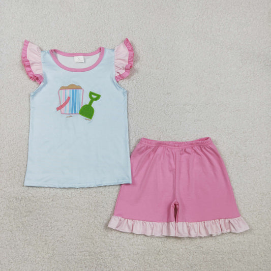 Embroidery GSSO2991 Branch Blue Flutter Sleeve Pink Shorts Girls Set