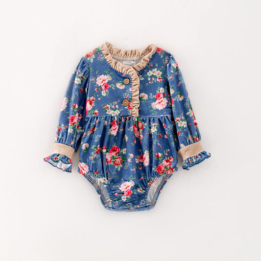 custom style red flowers navy blue long sleeve girls romper