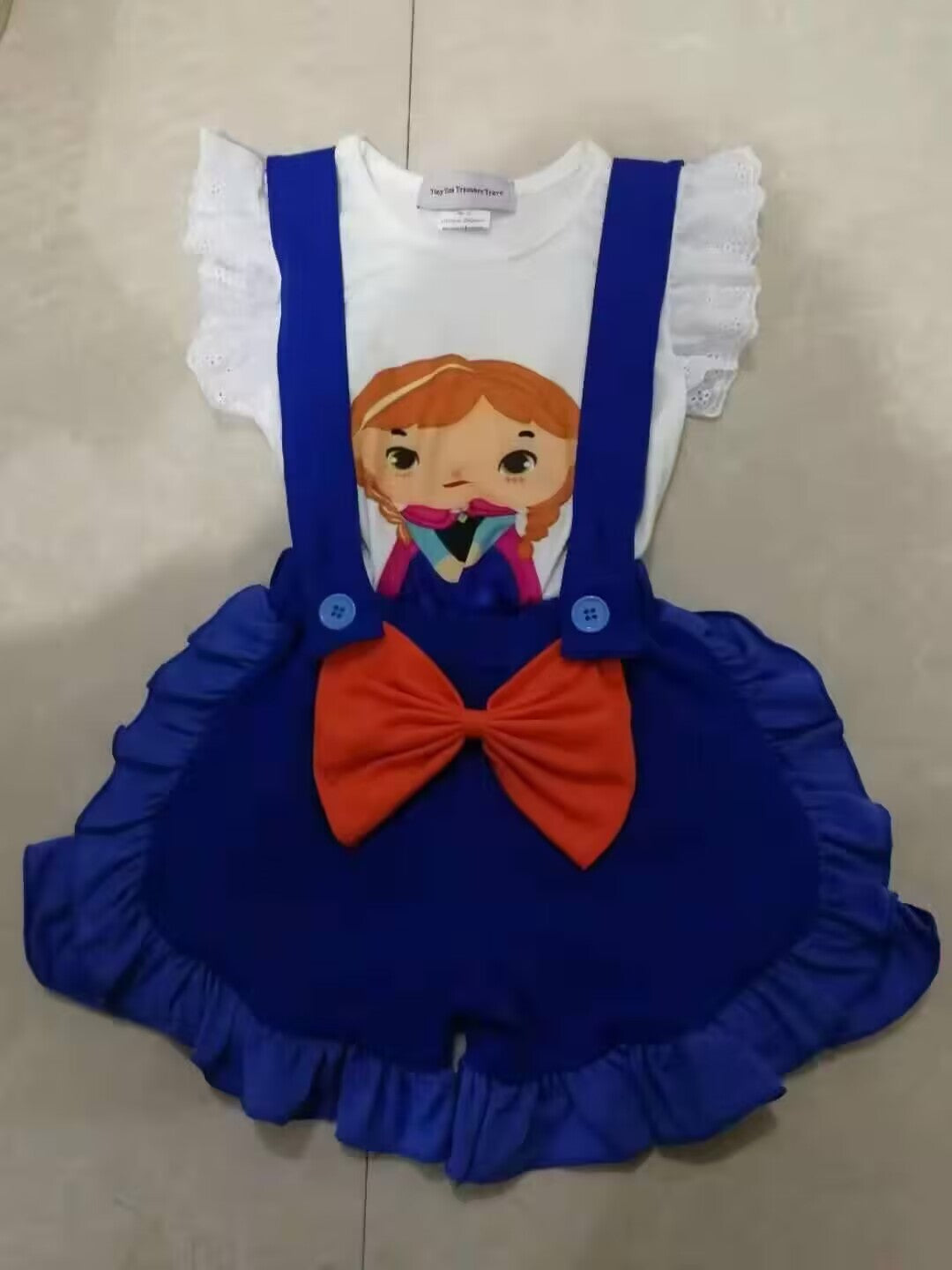 custom S cartoon baby girl flutter sleeve blue overall shorts girls set
