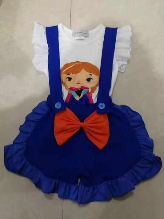 custom S cartoon baby girl flutter sleeve blue overall shorts girls set