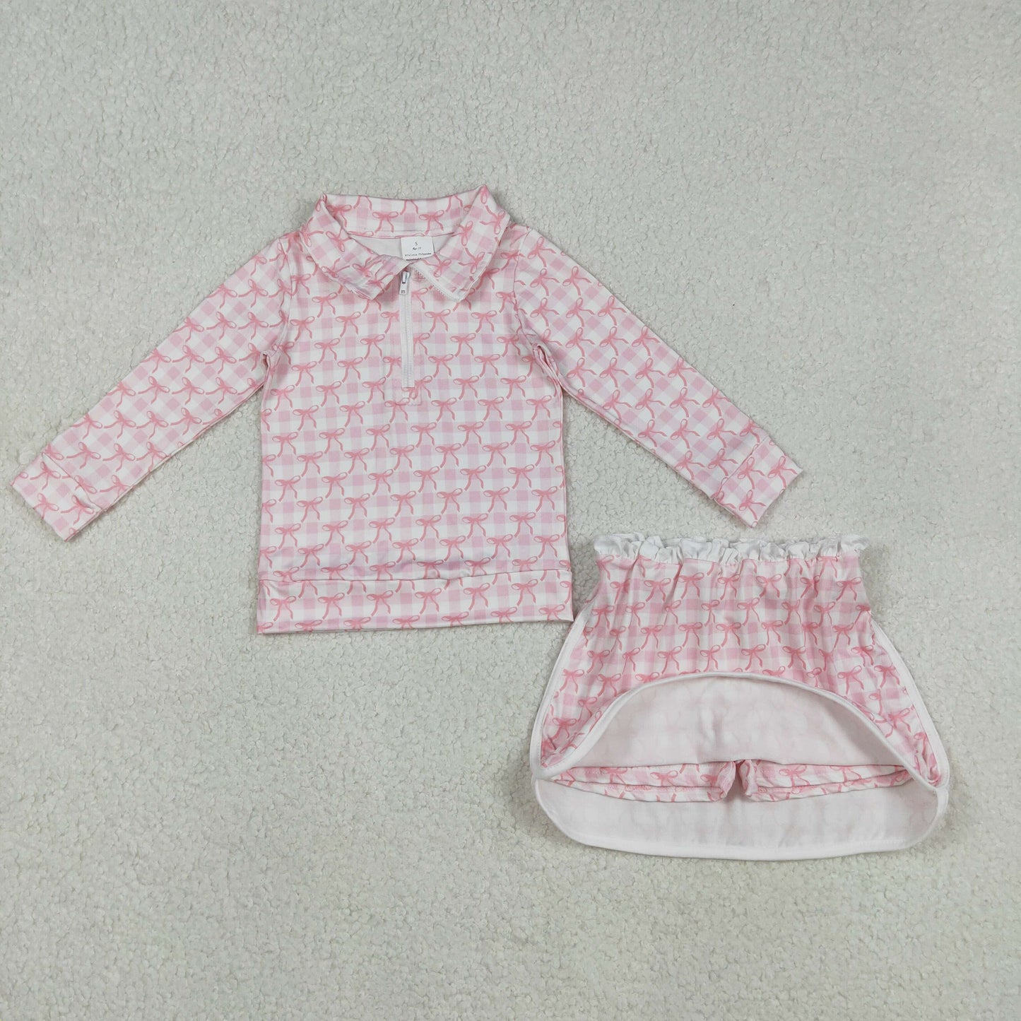 GLD1014 pink bows zipper long sleeve skirt with shorts girls set