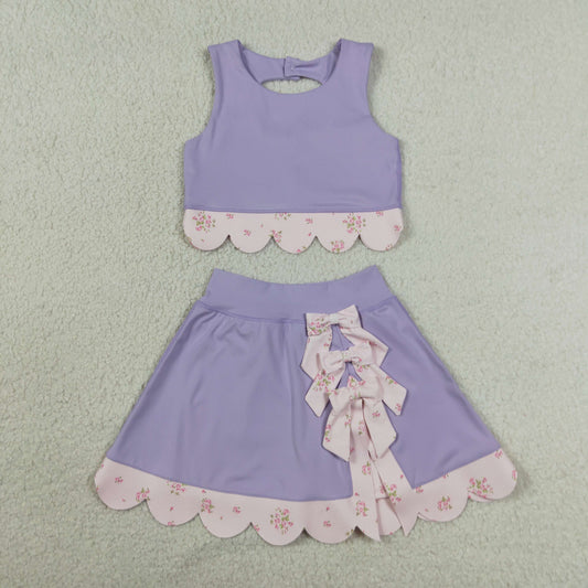 GSD3323 Yoga Solid Color Purple Sleeveless Bows Skorts Girls Set