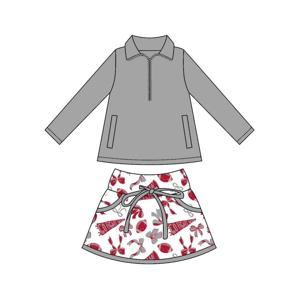 custom moq 3 football item yoga grey zipper long sleeve red cheer bows skorts skirt girls set