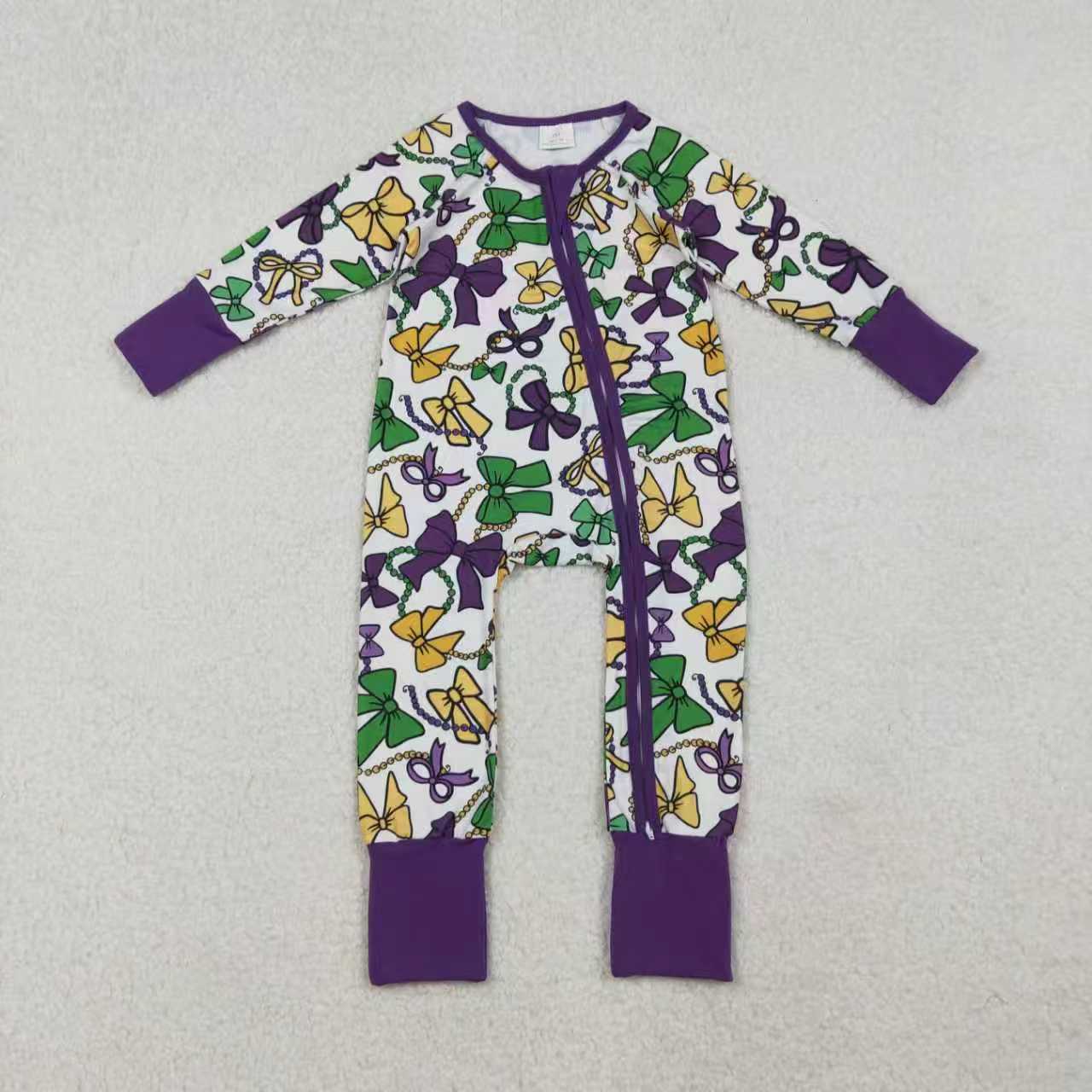 Mardi Gras green yellow purple bows romper/dress/pajamas RTS sibling clothes