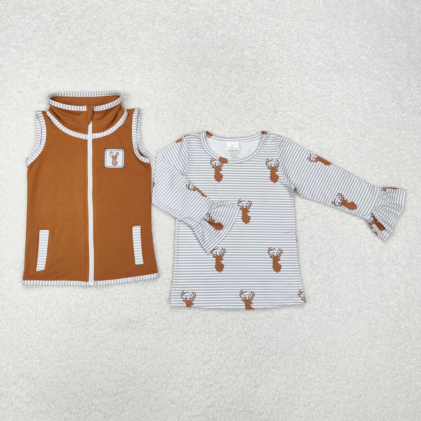 embroidery GT0742 hunting deer striped long sleeve brown zipper girls coat 2pcs