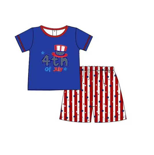 preorder BSSO0456 July 4th Blue Short Sleeve Red Striped Star Shorts Boys Set