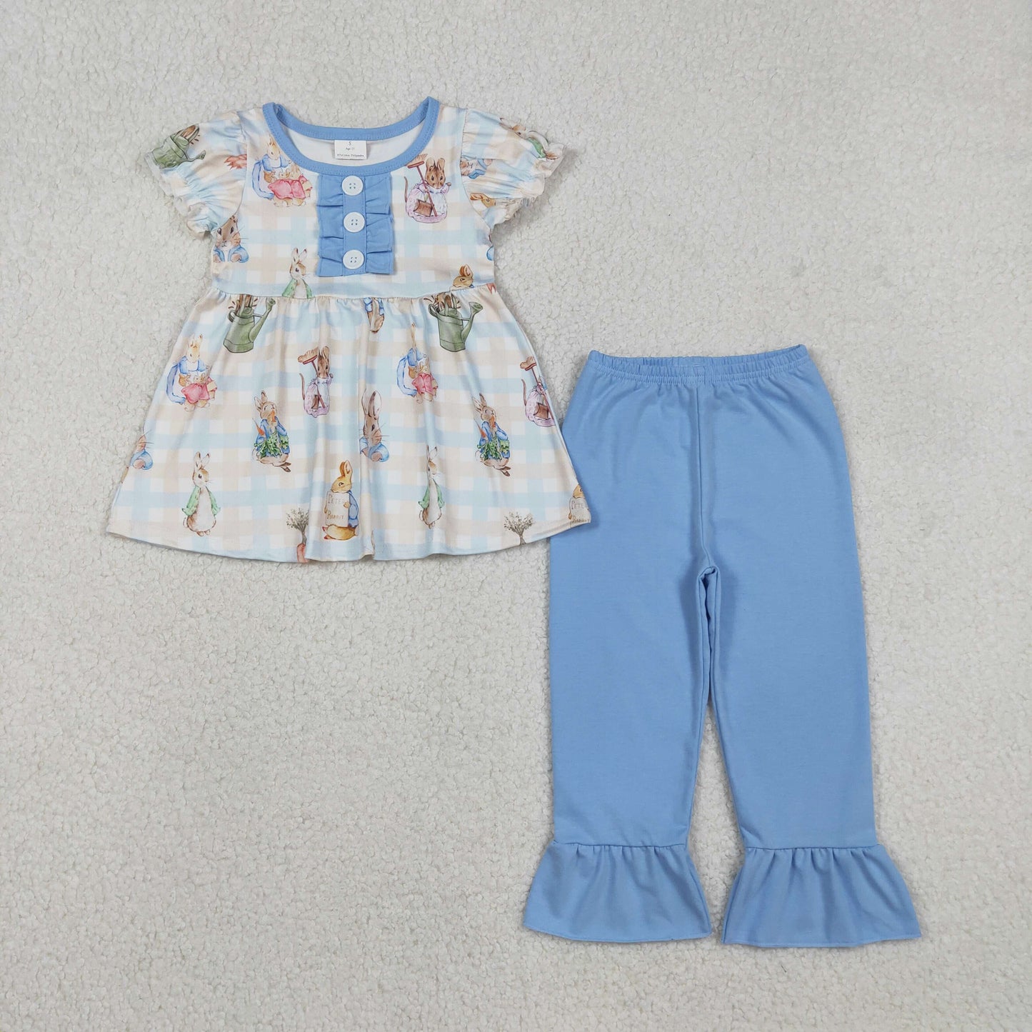 GSPO2094 Easter bunny rabbit blue checkered short sleeve blue pants girls set