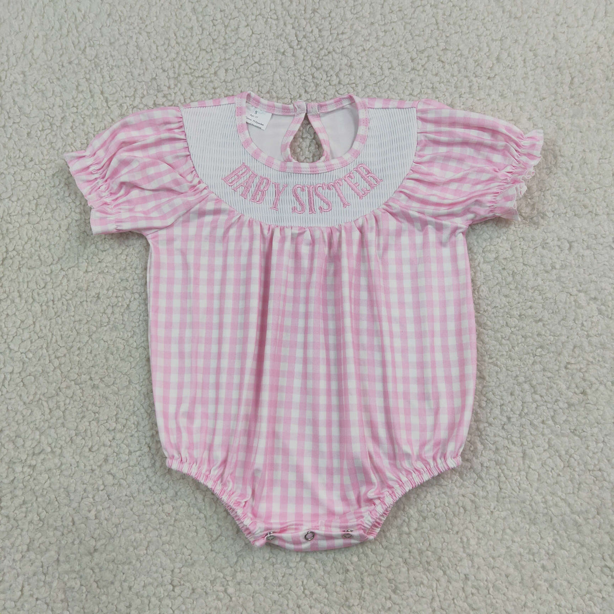 SR4230 Smocked Embroidery Baby Sister Checkered Short Sleeve Girls Romper