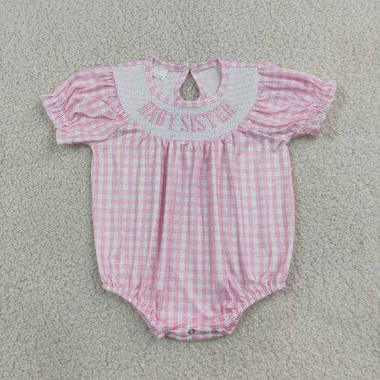 SR4230 Smocked Embroidery Baby Sister Checkered Short Sleeve Girls Romper
