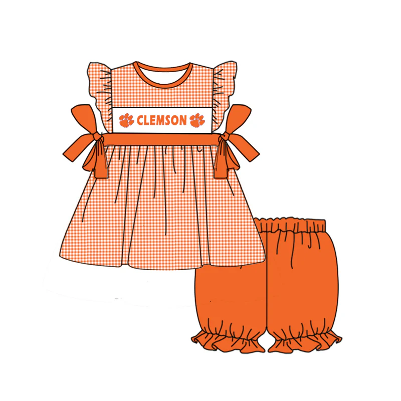 custom S Clemson orange checkered flutter sleeve orange shorts girls set
