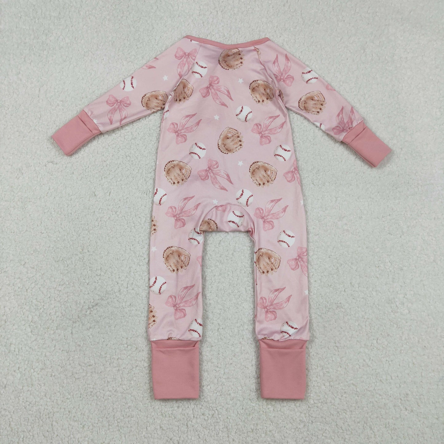 LR2967 Baseball Pink Bows Zipper Long Sleeve Girls Romper