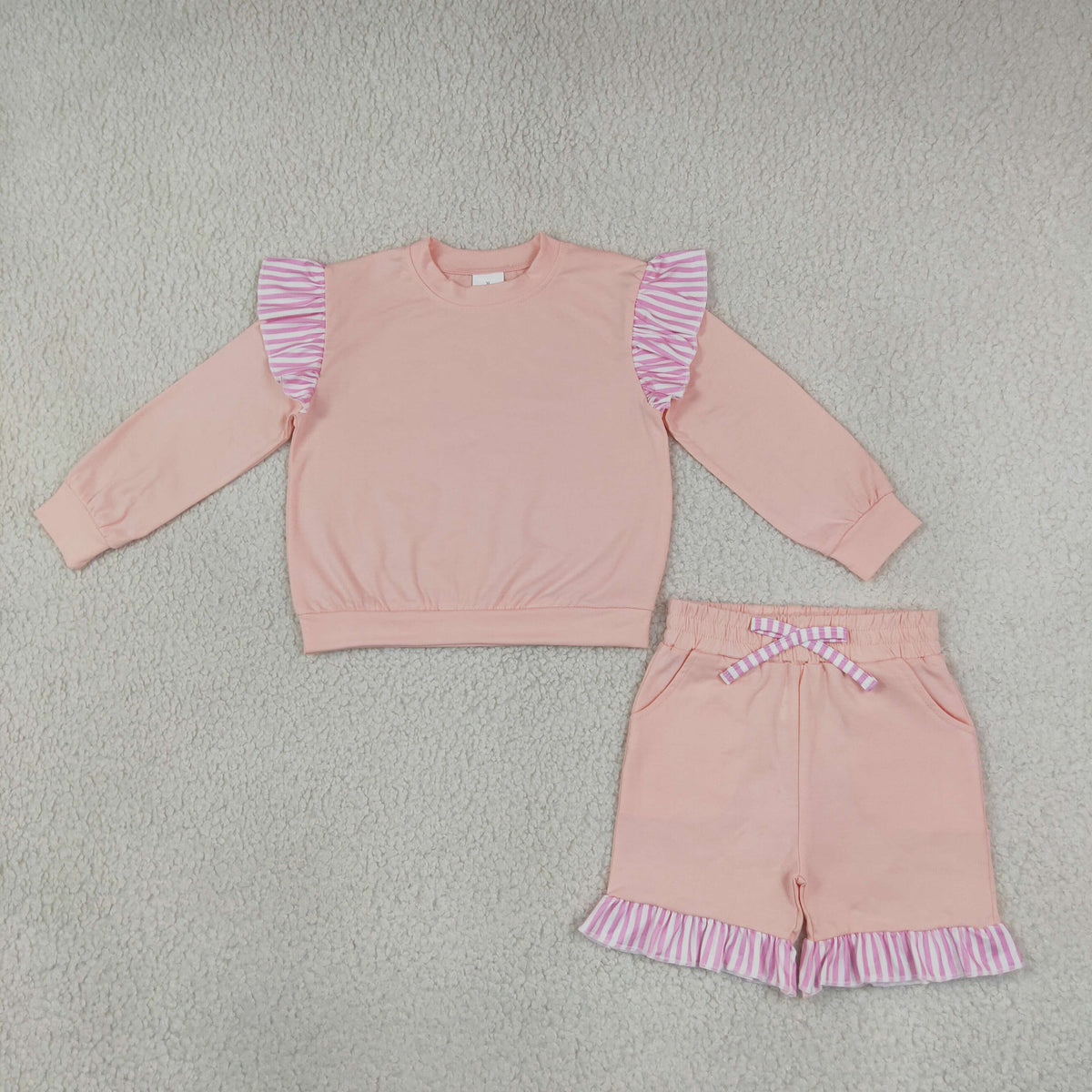 GLS0222 Cotton Pink Long Sleeve Shorts Girls Set