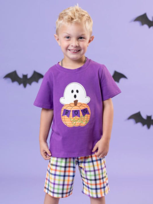 custom Halloween spooky purple short sleeve checkered shorts boys set