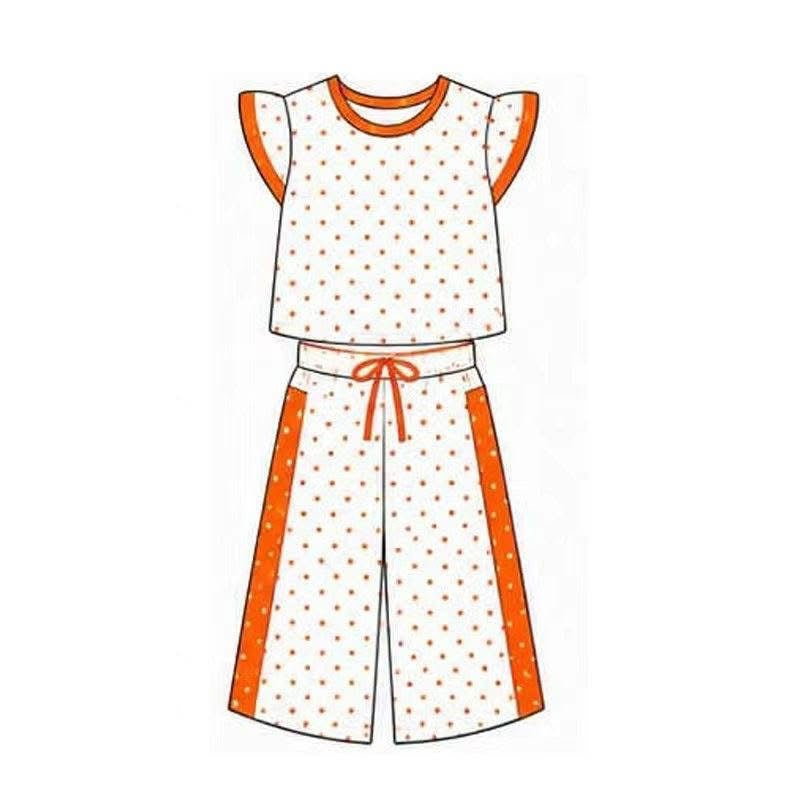 Custom Moq 5 Orange Dot Flutter Sleeve Pants Girls Set