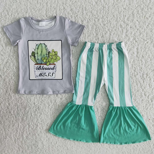 Cactus Green Striped Print Baby Girls Outfits