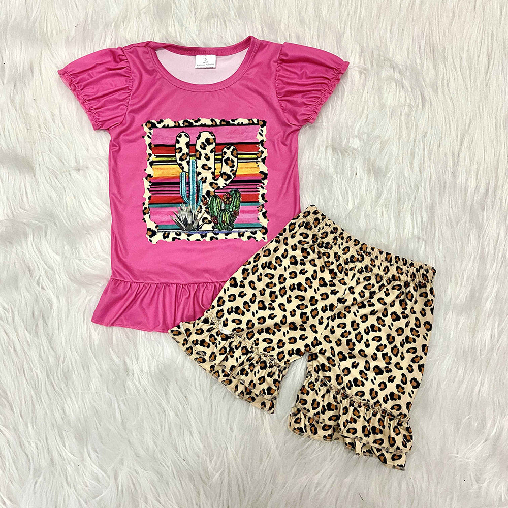 C1-11 Hot Pink Cactus Leopard Print Shorts Girls Set