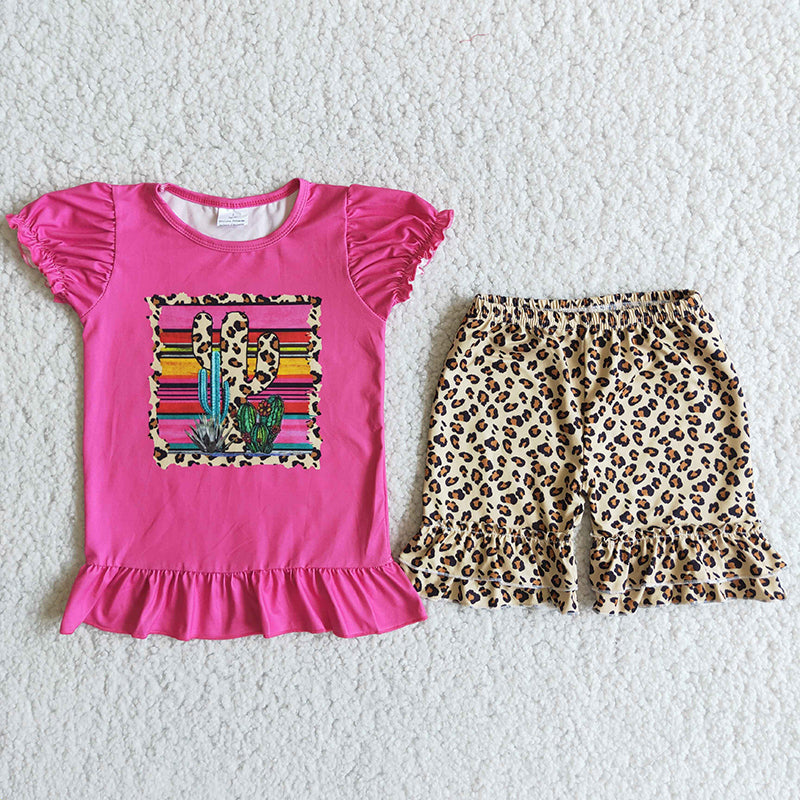 C1-11 Hot Pink Cactus Leopard Print Shorts Girls Set