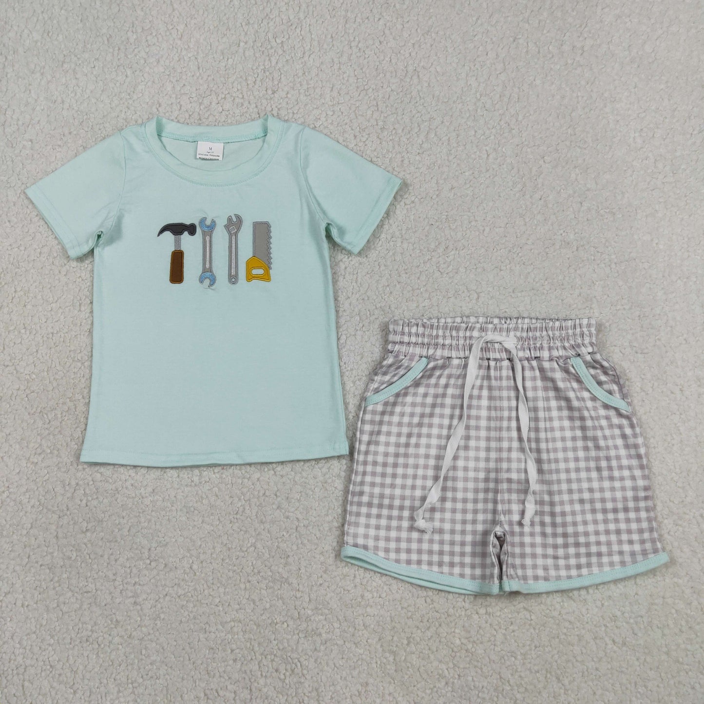 Embroidery BSSO1666 Cartoon Tools Short Sleeve Checkered Shorts Boys Set