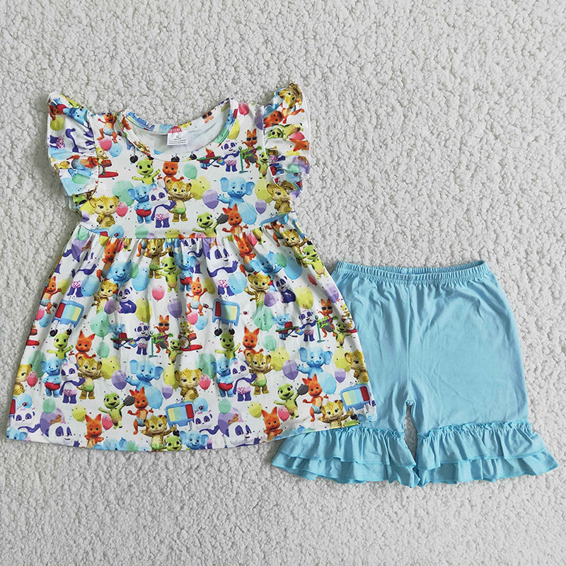 D7-27 Blue Animal Print Flutter Sleeve Girls Set