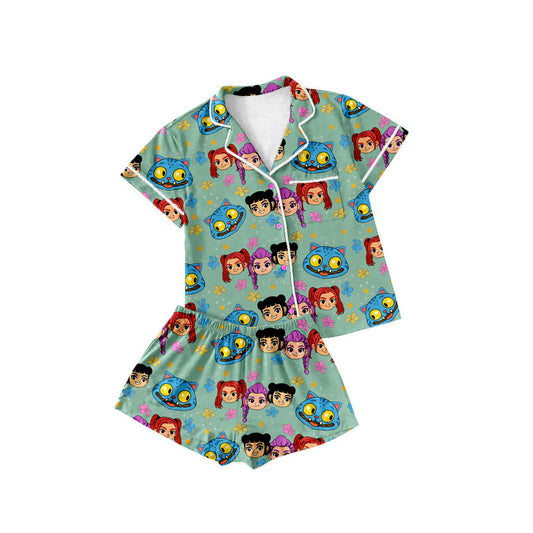 custom moq 5 ccartoon K witch green short sleeve shorts girls pajamas