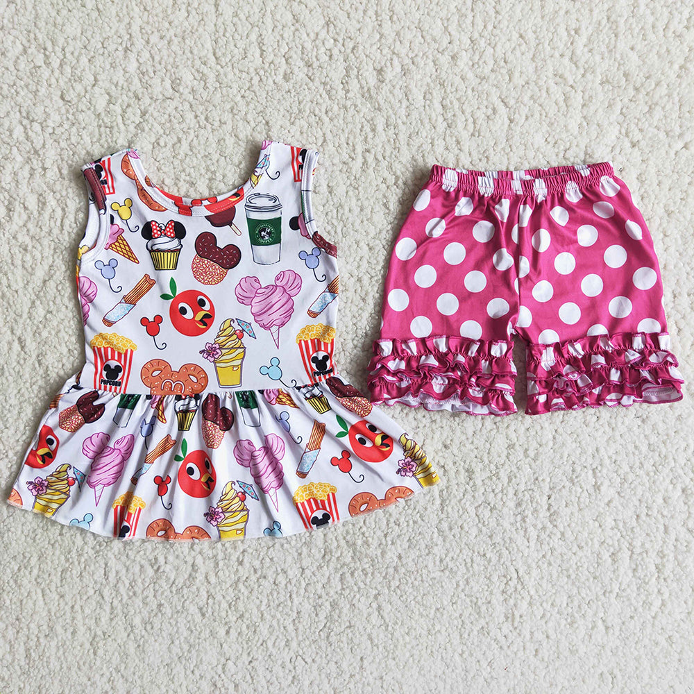 Cartoon Print Hot Pink Dots Shorts Girls Set