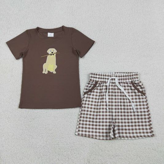 Embroidery BSSO1637 Cute Dog Pet Brown Short Sleeve Checkered Shorts Boys Set