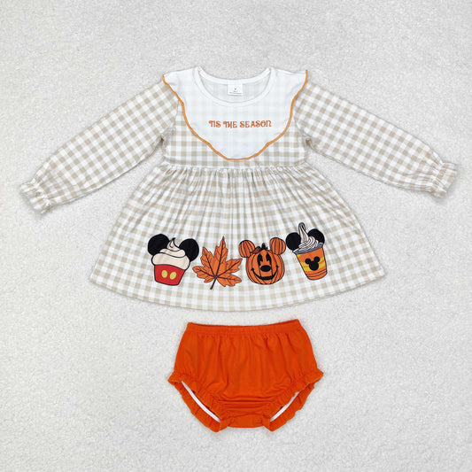 GBO0442 Halloween cake pumpkin checkered long sleeve orange girls bummies set