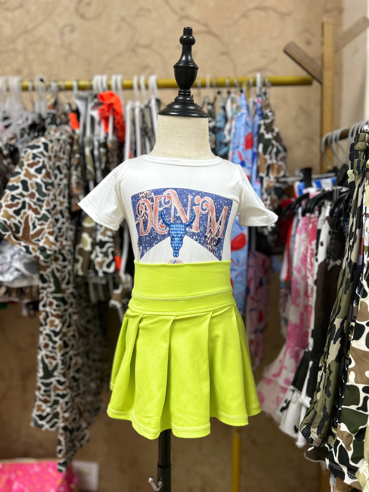 Western blue cow short sleeve yoga yellow skirt skort girls set
