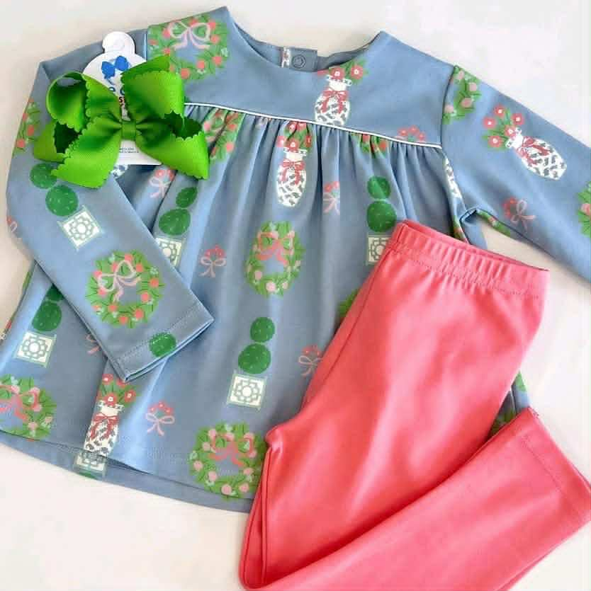 custom moq 8 floral flowers bows blue long sleeve pink pants girls set